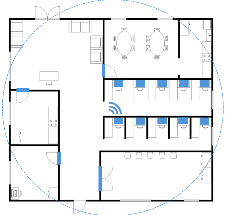 Lab floor plan showing a single central gateway covering multiple rooms with wireless sensors on freezers, incubators, and cold rooms throughout the floor.